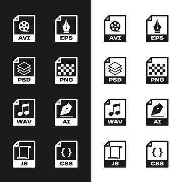 Set PNG file document, PSD, AVI, EPS, WAV and AI icon. Vector Stock Illustration
