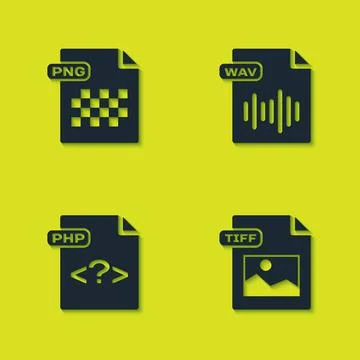Set PNG file document, TIFF, PHP and WAV icon. Vector Stock Illustration