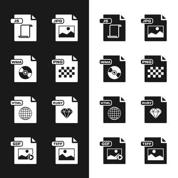 Set PNG file document, WMA, JS, JPG, HTML, RUBY, TIFF and GIF icon. Vector Illustrazione stock