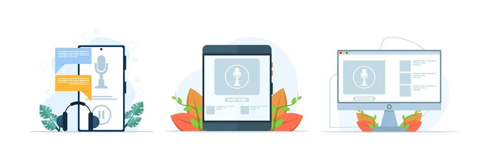 Set of podcast concepts featuring cursor arrow clicking subscribe button Stock Illustration