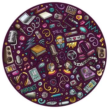 Set of podcasting cartoon doodle objects. Round composition イラスト素材