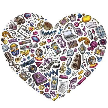 Set of podcasting cartoon doodle objects. Heart form composition Stock Illustration