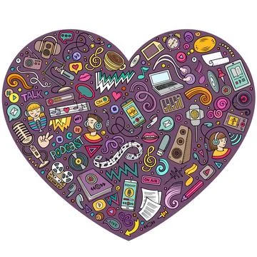 Set of podcasting cartoon doodle objects. Heart form composition Stock Illustration