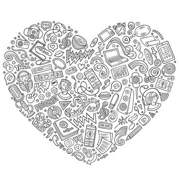 Set of podcasting cartoon doodle objects. Heart form composition Stock Illustration
