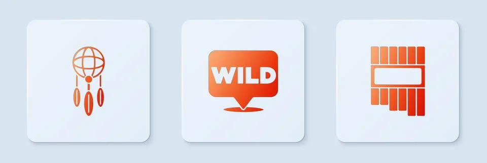 Set Pointer to wild west, Dream catcher with feathers and Pan flute. White .. Illustrazione stock