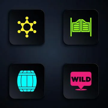 Set Pointer to wild west, Hexagram sheriff, Gun powder barrel and Saloon door 스톡 일러스트
