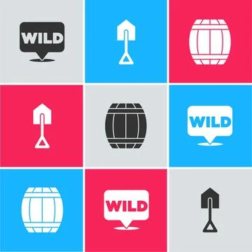 Set Pointer to wild west, Shovel and Gun powder barrel icon. Vector 库存插图