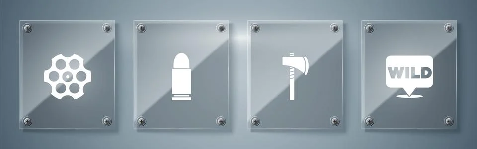 Set Pointer to wild west, Tomahawk axe, Bullet and Revolver cylinder. Square Illustrazione stock