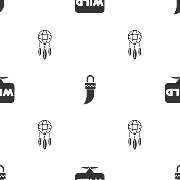 Set Pointer to wild west, Tooth and Dream catcher with feathers on seamless Illustrazione stock