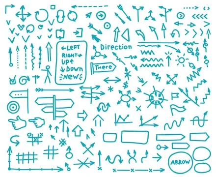 Set of pointers and arrows hand-painted marker or blue ink. Navigation lines Stock Illustration