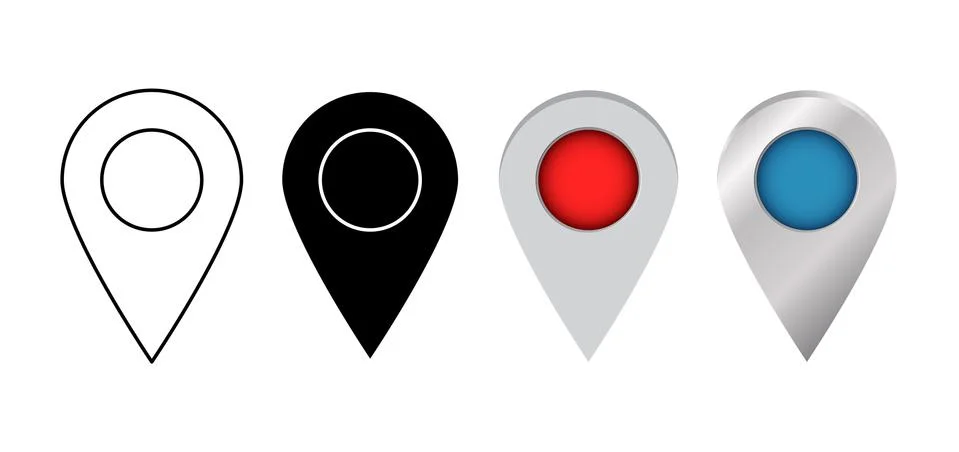 Set of pointers few types pins on map. Location marker or gps element isolate Stock Illustration