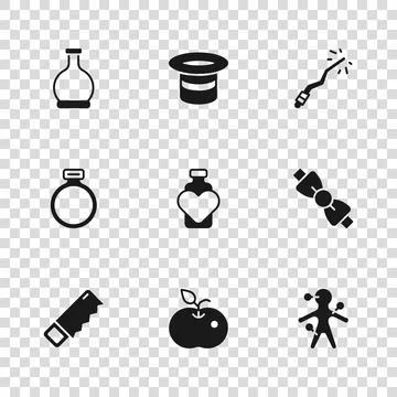 Set Poison apple, Bow tie, Voodoo doll, Bottle with love potion, Magic wand.. Stock Illustration