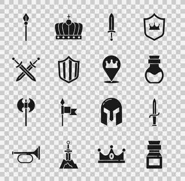 Set Poison in bottle, Dagger, Medieval sword, Shield, Crossed medieval, spe.. Stock Illustration