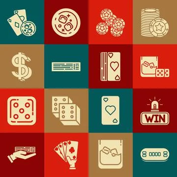 Set Poker table, Casino win, Game dice and glass of whiskey with ice cubes,.. Illustrazione stock
