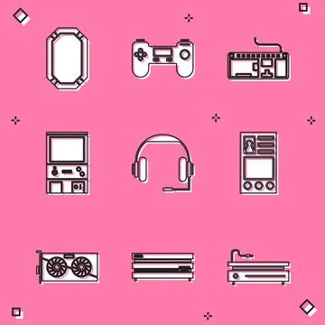 Set Poker table, Gamepad, Computer keyboard, Retro arcade game machine Illustrazione stock