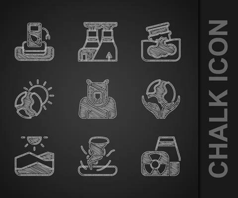 Set Polar bear head, Tornado, Nuclear power plant, Hand holding Earth globe Ilustração Stock