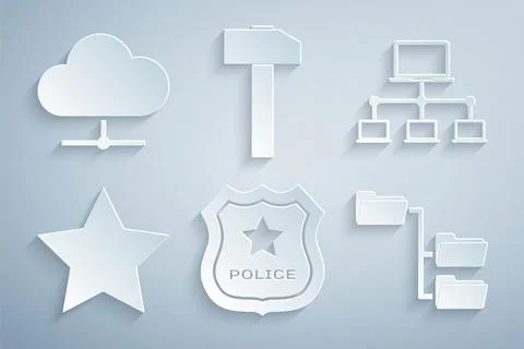 Set Police badge, Computer network, Star, Folder tree, Hammer and Network cloud 스톡 일러스트