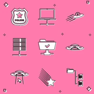 Set Police badge, Computer network, UFO flying spaceship and alien, Server, Data Stock Illustration