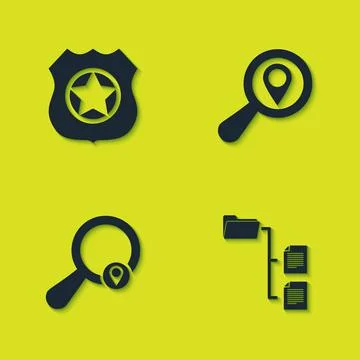 Set Police badge, Folder tree, Search location and icon. Vector Stock Illustration