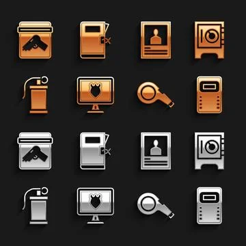 Set Police database, Safe, assault shield, Whistle, Hand smoke grenade, Wan.. Stock Illustration