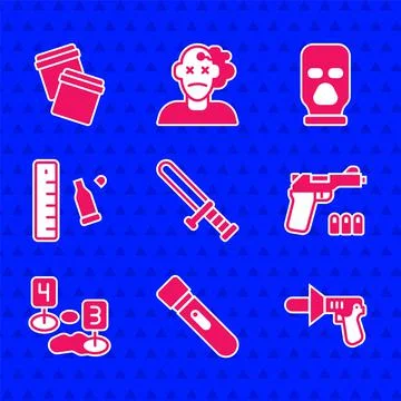 Set Police rubber baton, Flashlight, megaphone, Pistol or gun, Marker of crime Stock Illustration