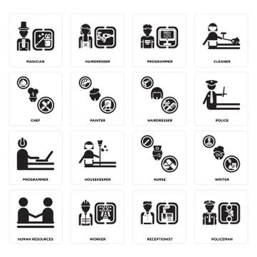Set of Policeman, Receptionist, human resources, Nurse, Programmer, Hairdress Grats Stockgrafik