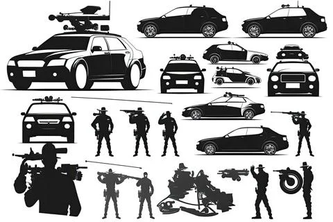 Set of polices action, white background, Made by AI,Artificial intelligence Stock Illustration
