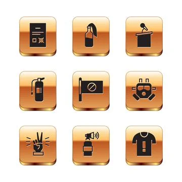 Set Poll document, Hand showing two finger, Air horn, Protest, Fire extinguisher Stock Illustration