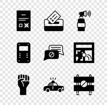 Set Poll document, Vote box, Air horn, Raised hand with clenched fist, Police Ilustração Stock