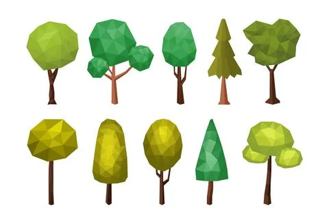 Set of Polygonal Trees Collection, Abstract stylized geometric low poly tre.. Stock Illustration