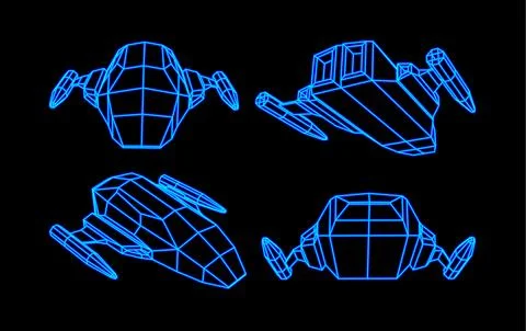 Set of polygonal wireframe spaceships. 80s retro neon synthwave arcade ships Stock-Illustration
