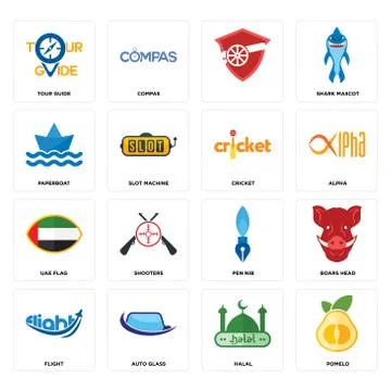Set of pomelo, halal, flight, pen nib, uae flag, cricket, paperboat, , tour g Free Stock Illustration