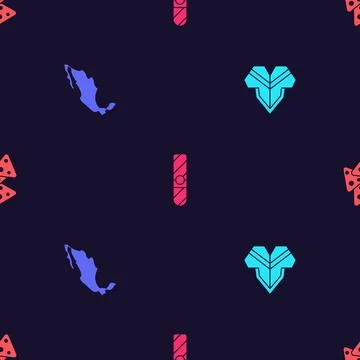 Set Poncho, Map of mexican, Cigar and Nachos on seamless pattern. Vector Illustrazione stock