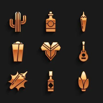 Set Poncho, Tabasco sauce, Corn, Mexican guitar, Hot chili pepper pod, Burr.. Stock Illustration