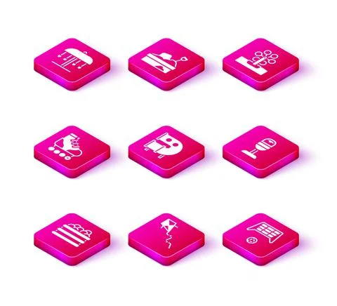 Set Pool with balls, Kite, Roller skate, Kid playground slide pipe, Soccer goal Illustrazione stock