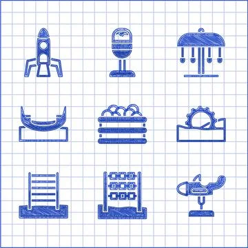 Set Pool with balls, Tic tac toe game, Swing plane, Ferris wheel, Swedish wall Illustrazione stock