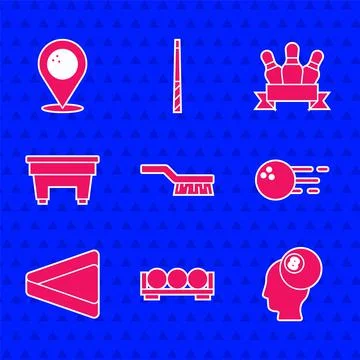 Set Pool table brush, Billiard balls on stand, Bowling, triangle, pin and Illustrazione stock