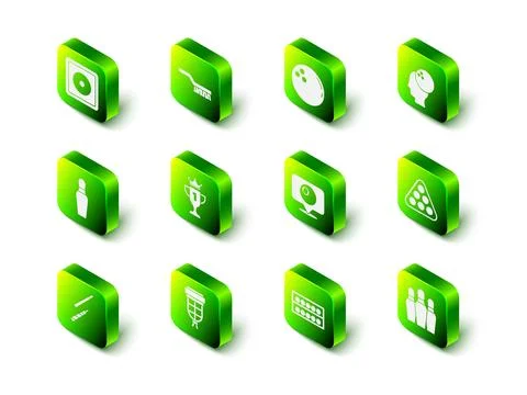 Set Pool table brush, Bowling ball, Billiard balls rack triangle, pin, Loca.. Illustrazione stock