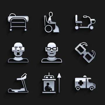 Set Poor eyesight, Elevator for disabled, Emergency car, Eyeglasses, Treadmill Stock Illustration