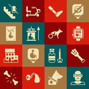 Set Poor eyesight, Prosthesis leg, Smart watch, Elevator for disabled, Separated Ilustración de archivo