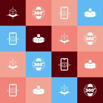 Set pop art 3d modeling, 360 degree view,  and Virtual reality glasses icon.  스톡 일러스트