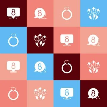 Set pop art 8 March, in speech bubble, Diamond engagement ring and Flower t.. Stock-Illustration