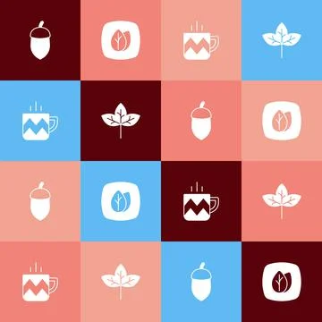 Set pop art Acorn, Leaf, Cup of tea and icon. Vector Stock Illustration