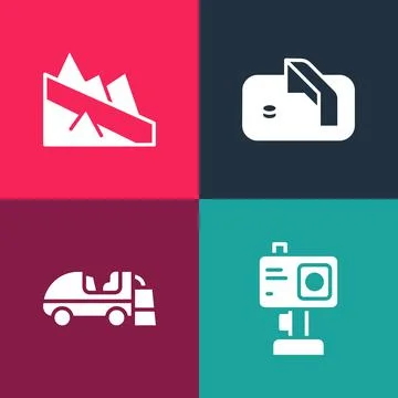 Set pop art Action camera, Ice resurfacer, hockey goal and Mountain descent icon Stock Illustration