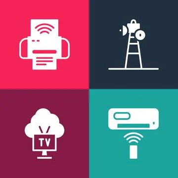 Set pop art Air conditioner, Smart Tv, Satellite dish and printer system ic.. Stock Illustration