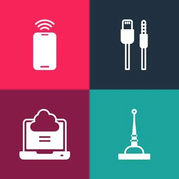 Set pop art Antenna, Network cloud connection, USB cable cord and Mobile with wi 库存插图