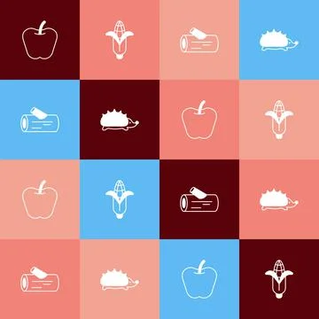 Set pop art Apple, Corn, Wooden log and Hedgehog icon. Vector Stockillustratie