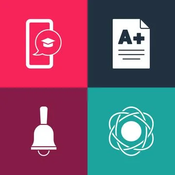 Set pop art Atom, Ringing bell, Exam sheet with plus grade and Graduation cap on Stock Illustration