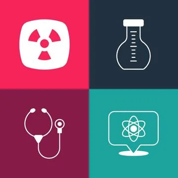 Set pop art Atom, Stethoscope, Test tube and Radioactive icon. Vector Illustrazione stock