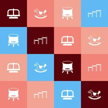 Set pop art Attraction carousel, Horse in saddle swing, Jumping trampoline and Ilustración de archivo